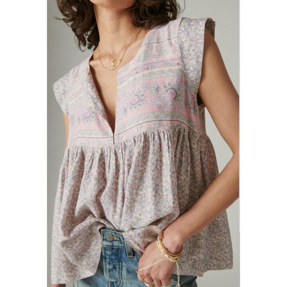 Lucky Brand Blouse Womens Large Boho Cottage Babydoll Romantic Dainty Pastel